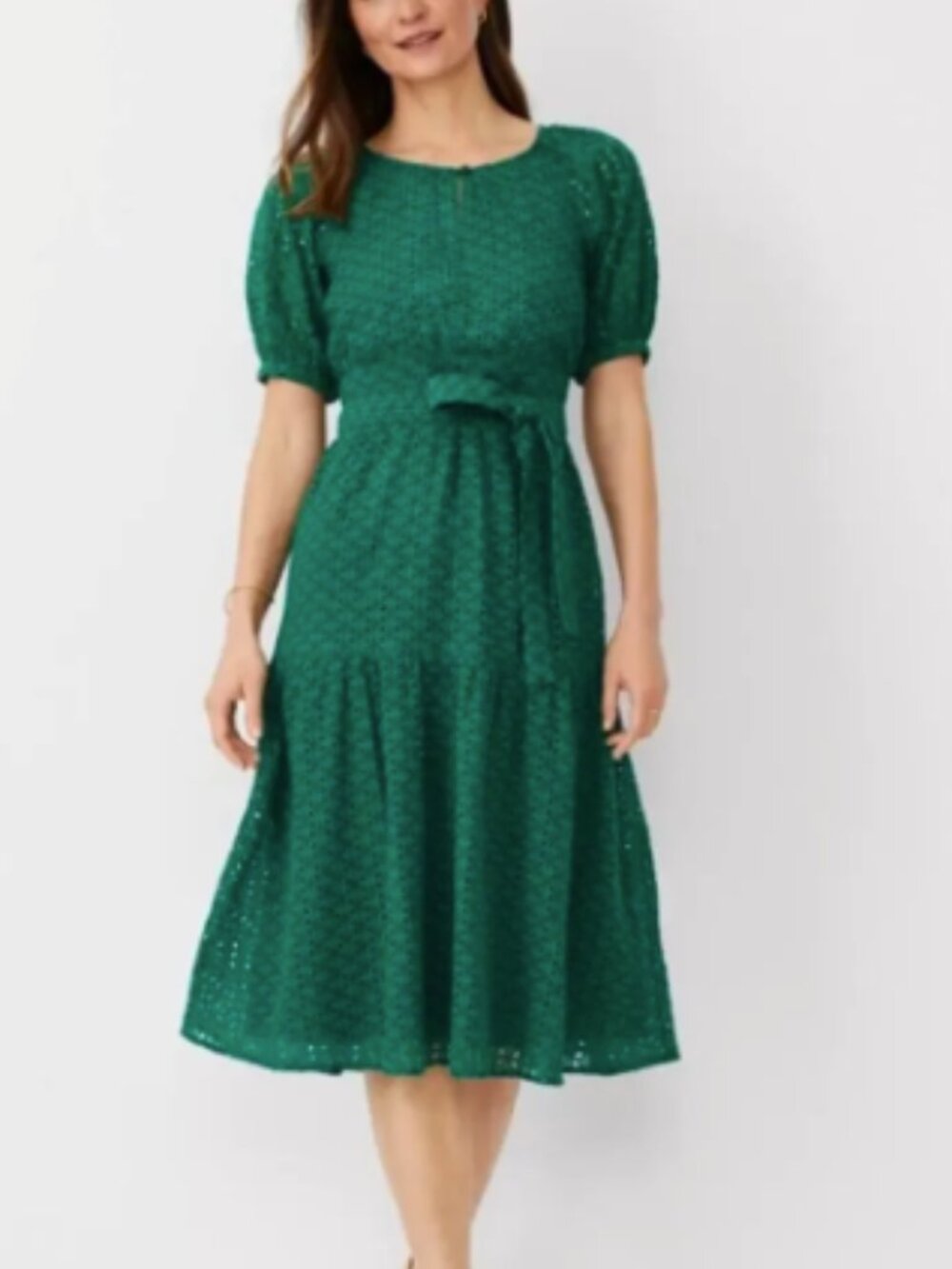 Ann Taylor Eyelet Midi Dress – Size 4 – Emerald Green – NWT